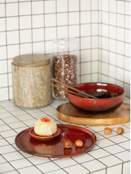 Set of 4 Hoa Bien red ceramic shallow bowls